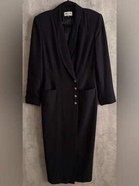 VTG Kasper for ASL Womens BlK Gold Tone Buttons Double Breasted Coat Dress Sz8